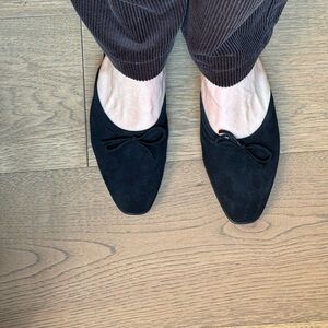 Ann Mashburn black suede slides, MANOLO Blahnik knock offs.